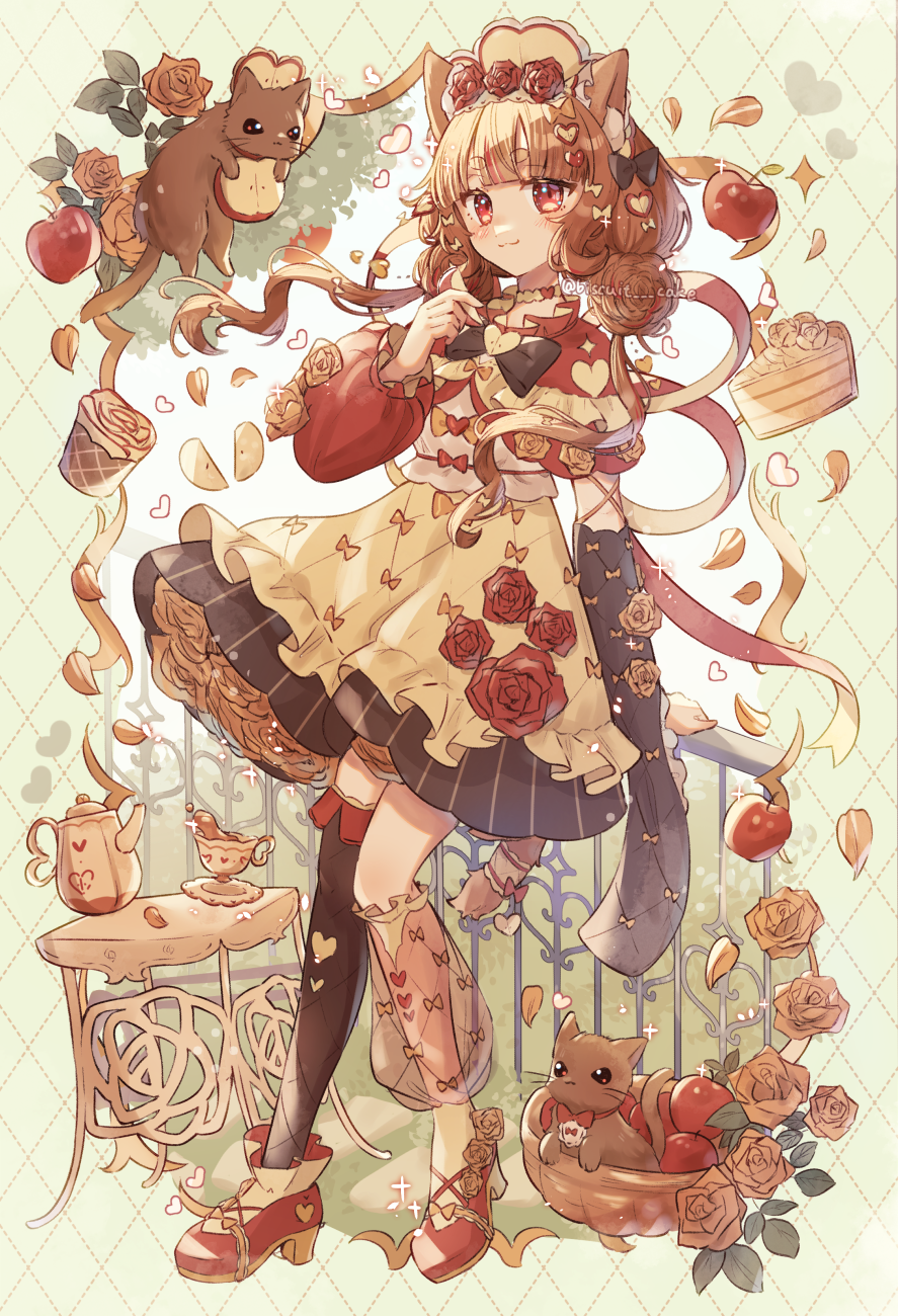 1girl :3 animal_ear_fluff animal_ears apple apple_slice artist_name asymmetrical_legwear asymmetrical_sleeves basket black_bow black_bowtie black_skirt black_thighhighs blunt_bangs bow bow_skirt bowtie brown_hair cake cake_slice capelet cat cat_ears cat_girl cat_tail choker commentary cup falling_petals fence flower food frilled_skirt frills from_side fruit full_body hair_bow hair_ornament hand_up headdress heart heart_hair_ornament highres hikimayu holding holding_food holding_fruit leaf looking_at_viewer mismatched_legwear mismatched_sleeves orange_flower orange_rose original petals puffy_sleeves red_capelet red_eyes red_flower red_footwear red_rose rose saucer shirt shoes short_hair_with_long_locks signature single_thighhigh skirt sleeves_past_fingers sleeves_past_wrists smile solo sparkle standing symbol-only_commentary table tail tail_ornament tea_set teacup teapot thighhighs tsukumi_bis white_shirt yellow_background yellow_choker yellow_headwear yellow_skirt