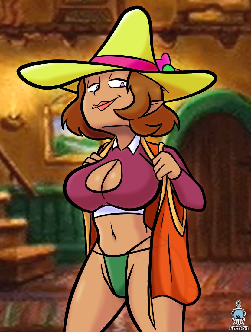 big_breasts breasts brown_hair cleavage_cutout clothing dark_body dark_skin feetfish female green_clothing green_panties green_underwear hair hat headgear headwear humanoid humanoid_pointy_ears hylian looking_at_viewer navel nintendo orange_clothing orange_topwear panties purple_clothing purple_eyes purple_topwear short_hair smile solo the_legend_of_zelda thick_thighs topwear underwear undressing wide_hips yellow_clothing yellow_hat yellow_headwear zelda:_the_wand_of_gamelon