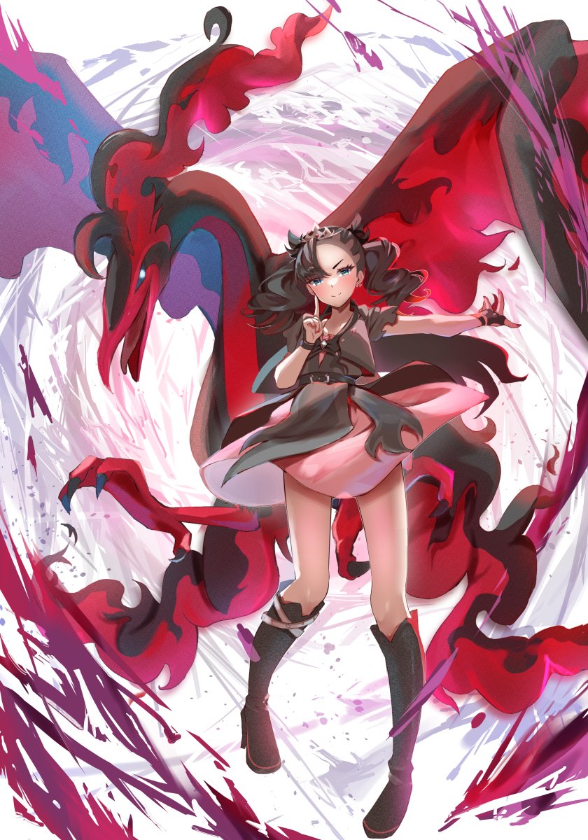 1girl asymmetrical_bangs beak black_dress black_footwear black_hair blue_eyes boots closed_mouth dress finger_to_cheek fingerless_gloves full_body galarian_moltres gloves hair_over_one_eye highres knee_boots layered_dress legs looking_at_viewer marnie_(champion)_(pokemon) marnie_(pokemon) medium_hair momdy_(talesshinja) official_alternate_costume official_alternate_hairstyle outstretched_arm pink_dress pokemon pokemon_(creature) pokemon_masters_ex short_dress short_sleeves single_glove talons tiara twintails wings wristband