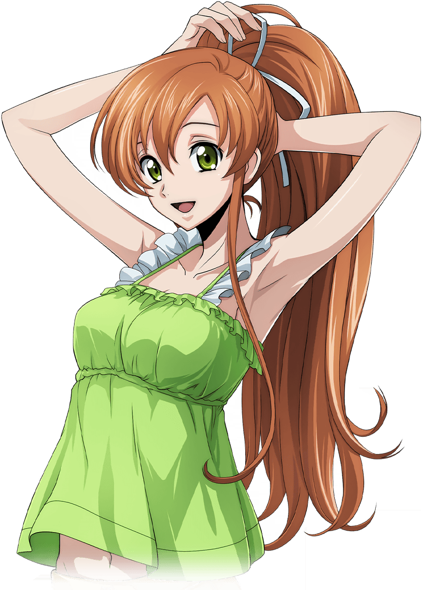 1girl armpits arms_up artist_request breasts code_geass code_geass:_lost_stories collarbone cropped_torso frilled_shirt frills game_cg green_eyes green_shirt hair_between_eyes hair_ribbon happy long_hair looking_at_viewer medium_breasts midriff_peek navel non-web_source official_art open_mouth orange_hair ponytail ribbon shirley_fenette shirt sidelocks simple_background sleeveless sleeveless_shirt smile solo spaghetti_strap standing transparent_background tying_hair upper_body white_ribbon