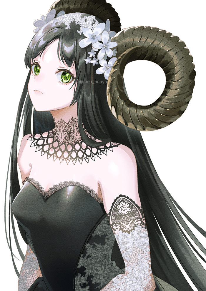 1girl bare_shoulders black_dress black_hair breasts closed_mouth commentary curled_horns detached_collar dress elbow_gloves english_commentary eyelashes flower frown gloves green_eyes hair_flower hair_ornament horns lace lace_collar lace_gloves long_hair looking_at_viewer noki_(affabile) original sheep_horns simple_background solo strapless strapless_dress twitter_username upper_body veil very_long_hair white_background white_flower white_gloves