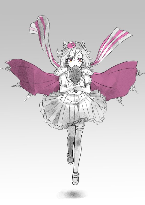 1girl animal_ears armor bow bowtie cape cofee_fan covered_mouth crown earclip floating_hair hand_mirror holding holding_mirror horse_ears horse_girl horse_tail mini_crown mirror partially_colored piercing pink_cape pink_eyes sailor_collar school_uniform shoes short_hair short_sleeves shoulder_armor skirt solo t.m._opera_o_(umamusume) tail thighhighs tracen_school_uniform umamusume