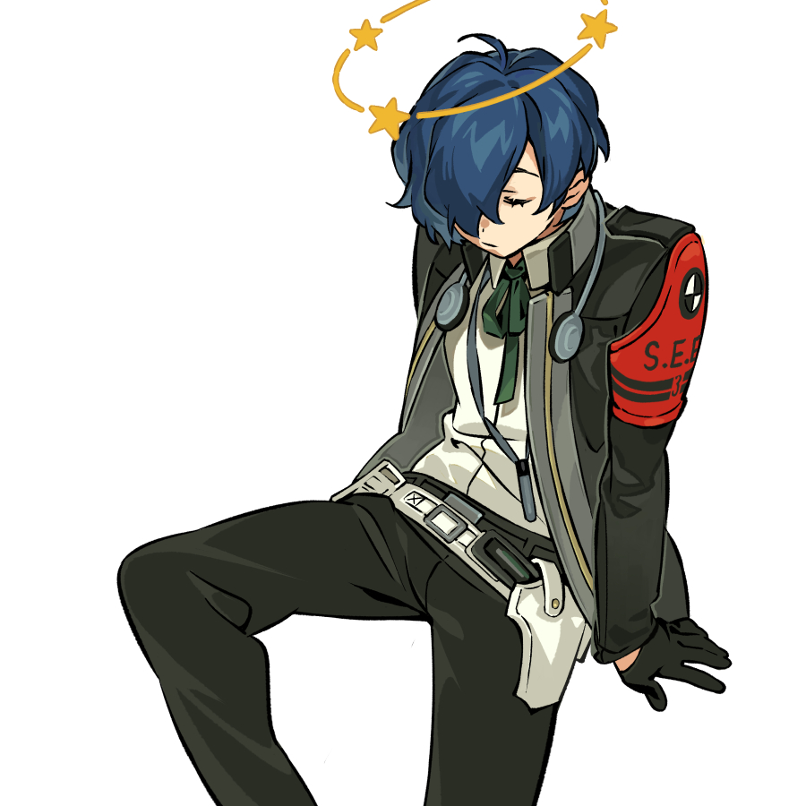 1boy armband belt black_gloves black_pants blue_hair closed_mouth collared_shirt favilia gloves green_ribbon hair_over_one_eye holster jacket long_sleeves male_focus pants persona persona_3 persona_3_reload red_armband ribbon seeing_stars shirt simple_background sitting solo white_background white_shirt yuuki_makoto_(persona_3)