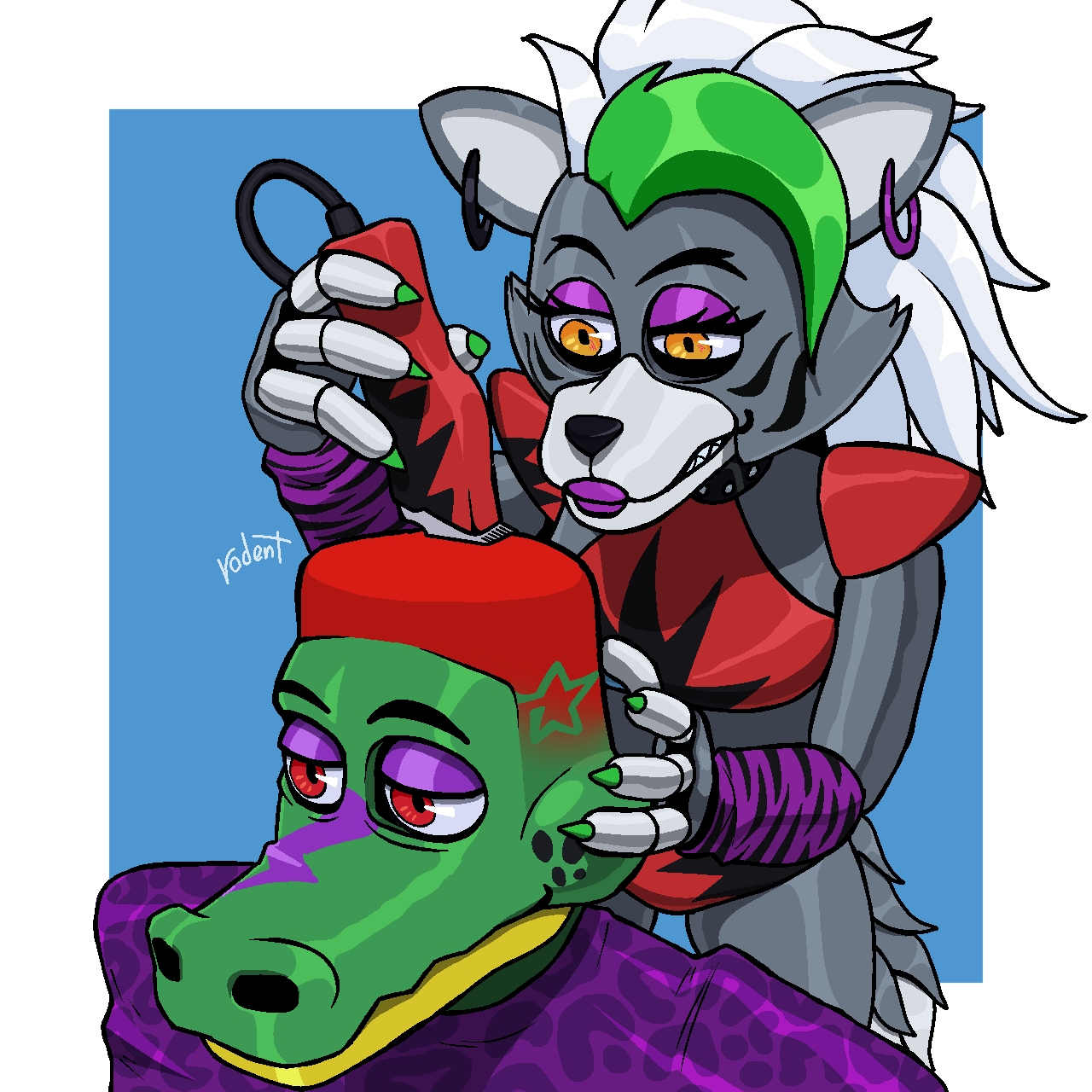 alternate_hairstyle animatronic anthro barber canid canine canis crocodile crocodilian crocodylid duo ear_piercing ear_ring electric_hair_clipper female five_nights_at_freddy's five_nights_at_freddy's:_security_breach haircut hairstyle_change half-closed_eyes hand_on_head hi-top_fade hi_res holding_object lipstick low_taper_fade_(meme) machine makeup male mammal montgomery_gator_(fnaf) narrowed_eyes piercing reptile ring_piercing robot rodentgame roxanne_wolf_(fnaf) scalie scottgames steel_wool_studios wolf