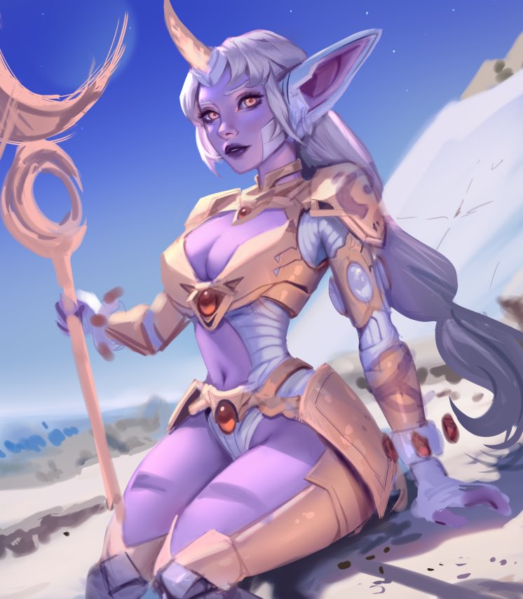 1girl alternate_costume arm_support armor breasts brown_eyes cleavage cleavage_cutout clothing_cutout colored_skin grey_hair groin holding holding_staff horns large_breasts league_of_legends long_hair navel outdoors pink_skin pointy_ears single_horn sitting smile solo soraka_(league_of_legends) staff stomach_cutout vatheja
