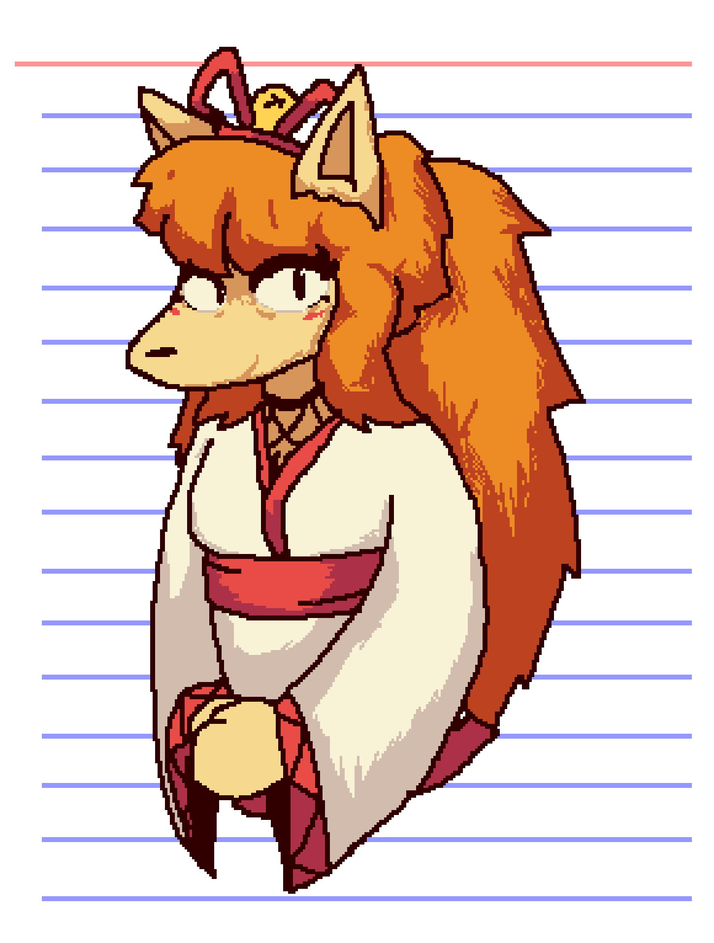 anthro asian_clothing barely_visible_cleavage bell_bow blush blush_stickers bow_ribbon breasts canid canine ceroba_(undertale_yellow) clasped_hands clothing couckee east_asian_clothing female fox hair hair_bell hi_res japanese_clothing kimono long_hair looking_at_viewer mammal multicolored_clothing multicolored_kimono ponytail prick_ears red_clothing red_hair red_kimono smile snout solo two_tone_clothing two_tone_kimono undertale_(series) undertale_yellow white_clothing white_kimono