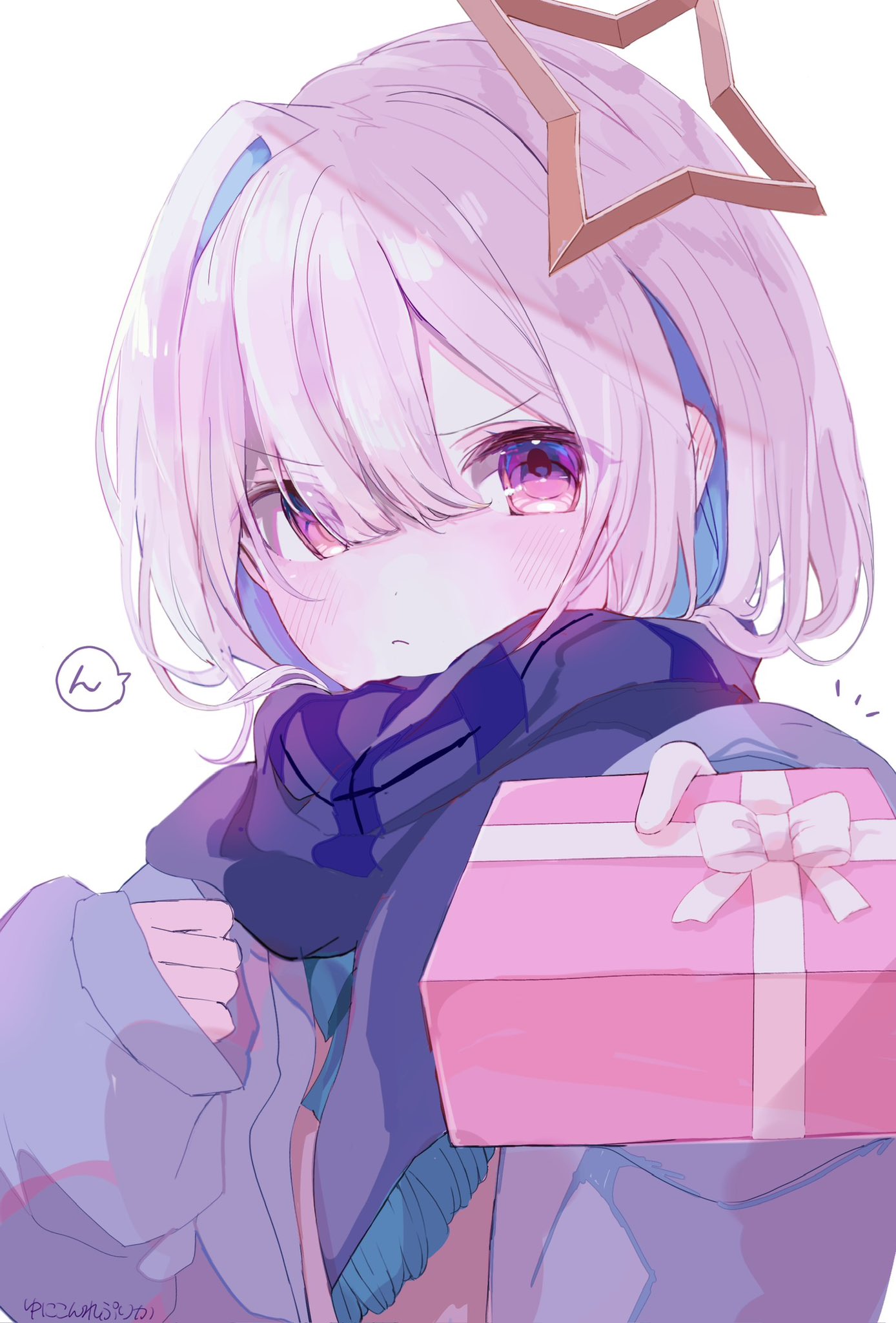 1girl amane_kanata artist_name blue_hair blush bob_cut box box_of_chocolates chocolate closed_mouth coat commentary curled_fingers embarrassed enpera food gift_wrapping grey_coat hair_between_eyes halo highres holding holding_box holding_chocolate holding_food hololive incoming_gift light_frown looking_at_viewer multicolored_hair notice_lines pink_eyes pink_shirt plaid plaid_scarf purple_scarf replicayunikorn scarf shirt short_hair signature simple_background single_hair_intake solo speech_bubble star_halo streaked_hair translated tsundere two-tone_hair upper_body v-shaped_eyebrows valentine virtual_youtuber white_background white_hair winter_clothes