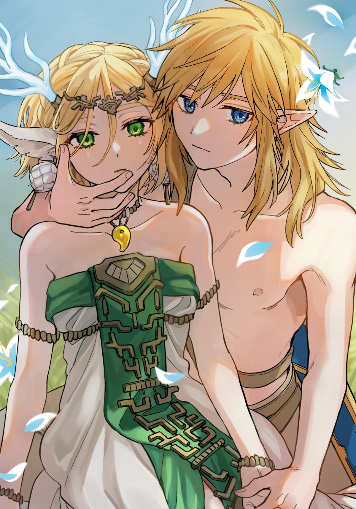 1boy 1girl blonde_hair blue_eyes bracelet collarbone couple dragon_ears dragon_horns dress earrings expressionless flower green_eyes hand_on_another's_chin highres holding_hands horns jewelry light_dragon_(zelda) link long_hair magatama messy_hair necklace petals princess_zelda shijima_(4jima) short_hair silent_princess sleeveless sleeveless_dress spoilers the_legend_of_zelda the_legend_of_zelda:_tears_of_the_kingdom topless_male white_dress