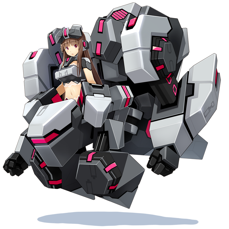 1girl :o bad_source blunt_bangs breasts brown_hair cosmic_break externally_piloted_mecha headgear large_breasts long_hair looking_at_viewer mecha mecha_musume midriff navel official_art open_mouth red_eyes robot second-party_source thoarla_nimbus