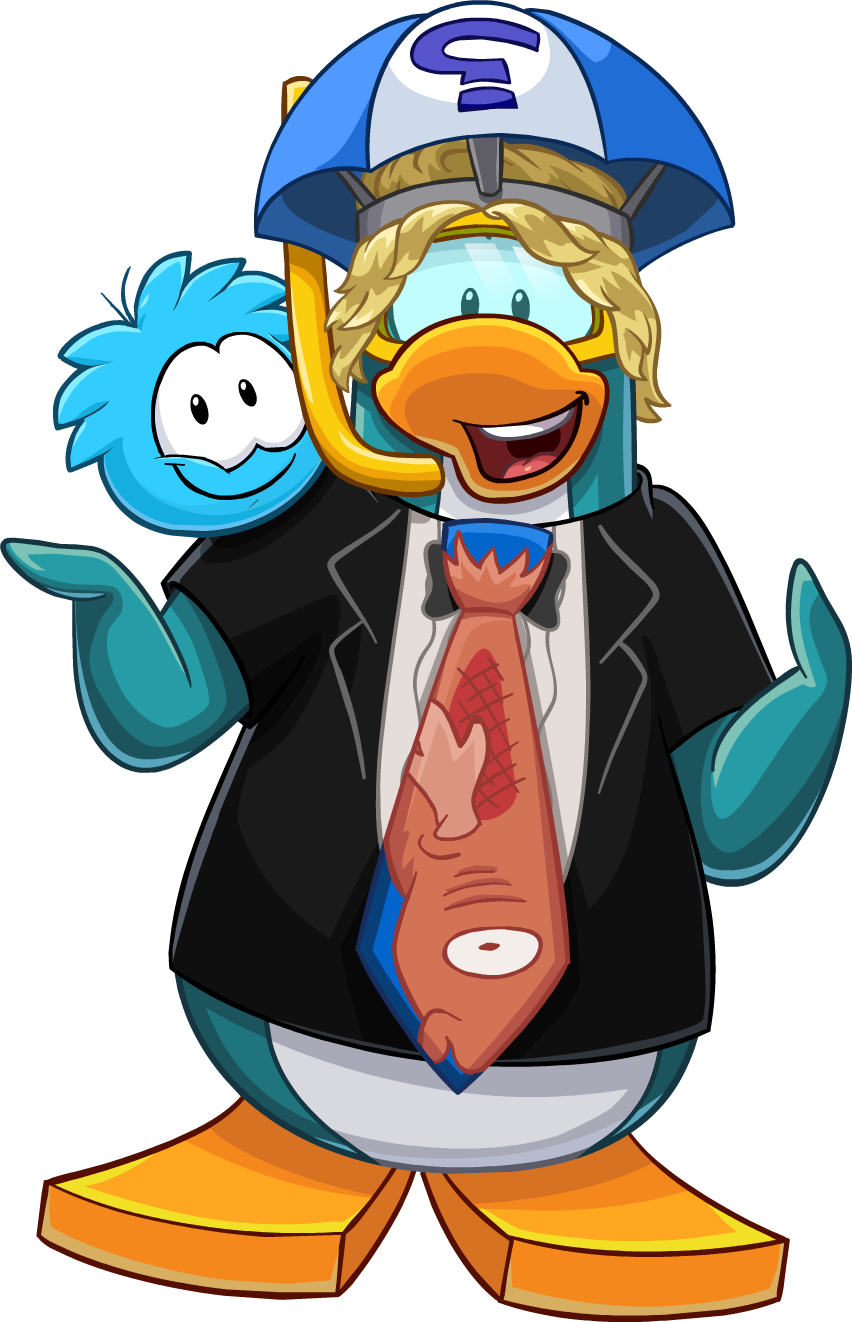 alpha_channel ambiguous_gender avian bird black_clothing black_shirt black_topwear blonde_hair clothing club_penguin duo fish_print full-length_portrait hair hi_res looking_at_viewer male multicolored_clothing multicolored_shirt multicolored_topwear official_art open_mouth penguin portrait print_necktie puffle shirt short_hair short_sleeves snorkel toony topwear two_tone_clothing two_tone_shirt two_tone_topwear umbrella_hat unknown_artist upper_teeth_only white_clothing white_shirt white_topwear