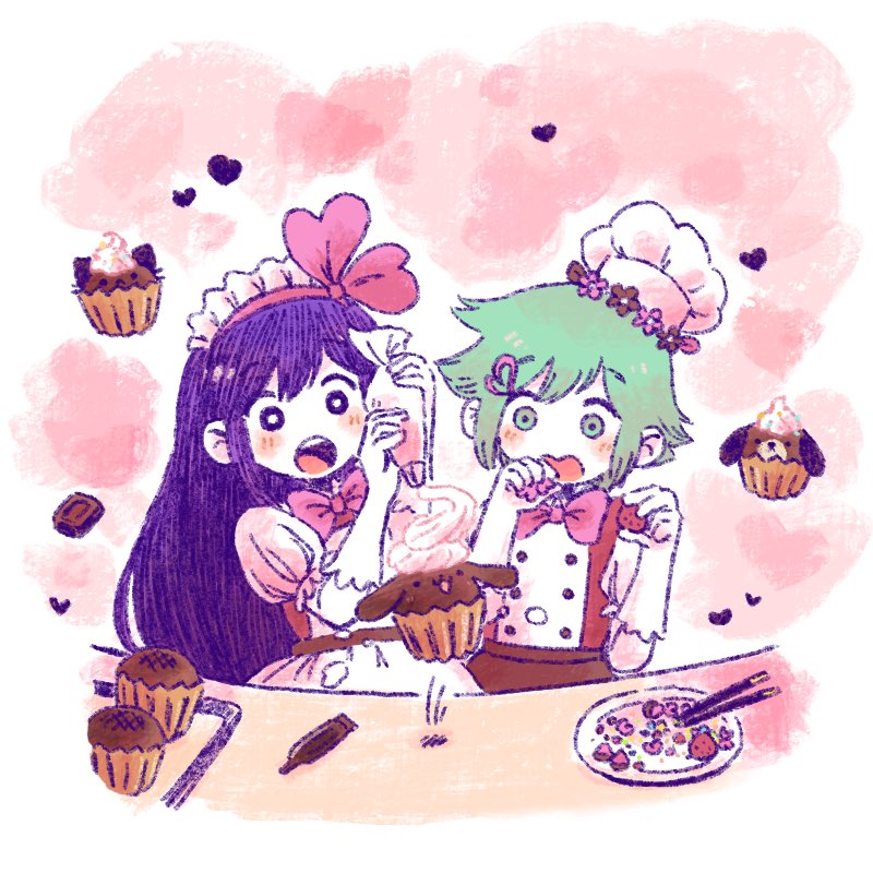 1boy 1girl alternate_costume aubrey_(headspace)_(omori) aubrey_(omori) basil_(headspace)_(omori) basil_(omori) chef_hat cupcake elbow_gloves food gloves green_eyes green_hair hair_ornament hairclip hat long_hair omori open_mouth plate purple_eyes purple_hair short_hair sun_iiinu teeth upper_teeth_only white_gloves white_headwear