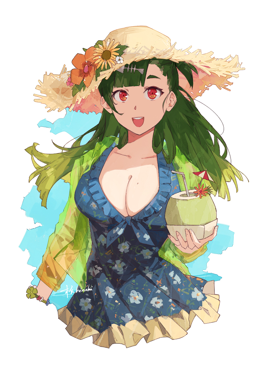 1girl artist_name blue_dress breasts cleavage coconut_cup cropped_torso cup dress fish_skeleton_hair_ornament floral_print flower frilled_dress frills g28_(girls'_frontline) g28_(tropical_storm)_(girls'_frontline) girls'_frontline green_hair hat hat_flower hei_chuan_gui highres holding holding_cup jacket large_breasts long_hair mole mole_on_breast official_alternate_costume one_side_up open_mouth red_eyes see-through see-through_jacket simple_background smile straight-on straw_hat sun_hat teeth upper_teeth_only