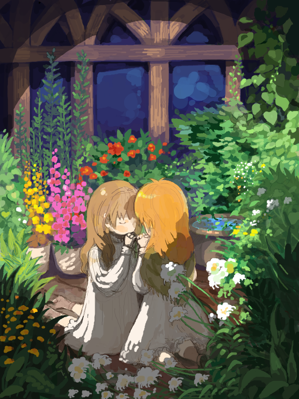 2girls ah_roro brown_hair cauldron closed_eyes facing_another flower greenhouse indoors kneeling light_blush long_hair multiple_girls oekaki orange_hair original pink_flower plant potted_plant praying red_flower sidelocks spotlight water white_flower window yellow_flower