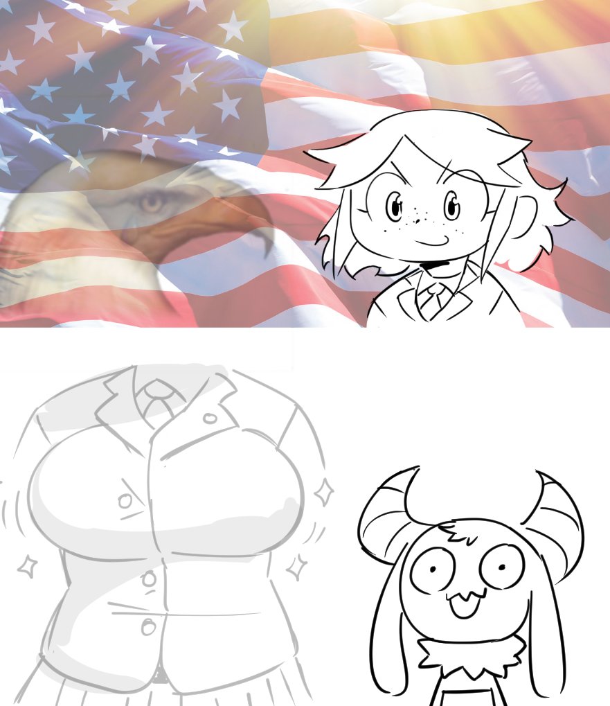 accipitrid accipitriform american_flag avian bibi_(o-den) bird bottomwear bra breasts clothing duo eagle female freckles_on_face head_tuft horn human long_ears mammal neck_tuft necktie noill open_mouth pupils skirt small_pupils smile sparkles succubus thoughts tuft underwear uniform united_states_of_america