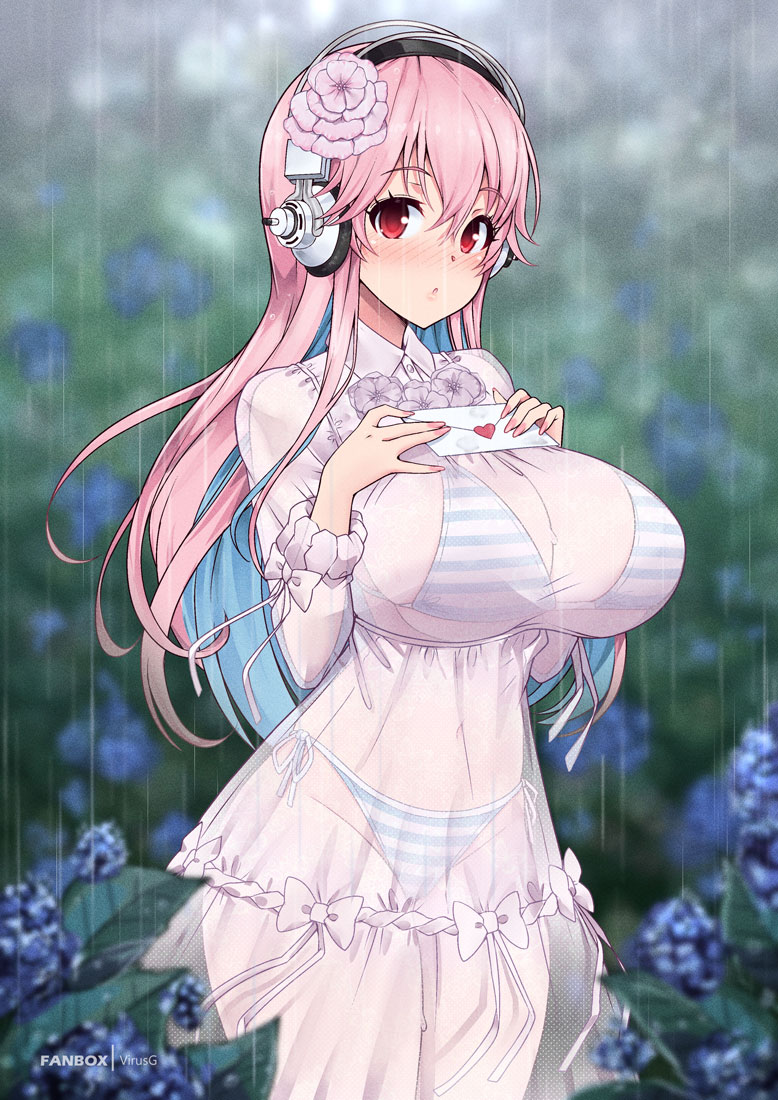 1girl bikini blue_bikini blurry blurry_background blush bow breasts cowboy_shot dress flower hair_flower hair_ornament headphones heart holding large_breasts long_hair looking_at_viewer love_letter nail_polish nitroplus outdoors pink_flower pink_hair pink_nails rain red_eyes see-through see-through_dress solo soniani striped_bikini striped_clothes super_sonico swimsuit virus-g wet wet_clothes white_bow white_dress