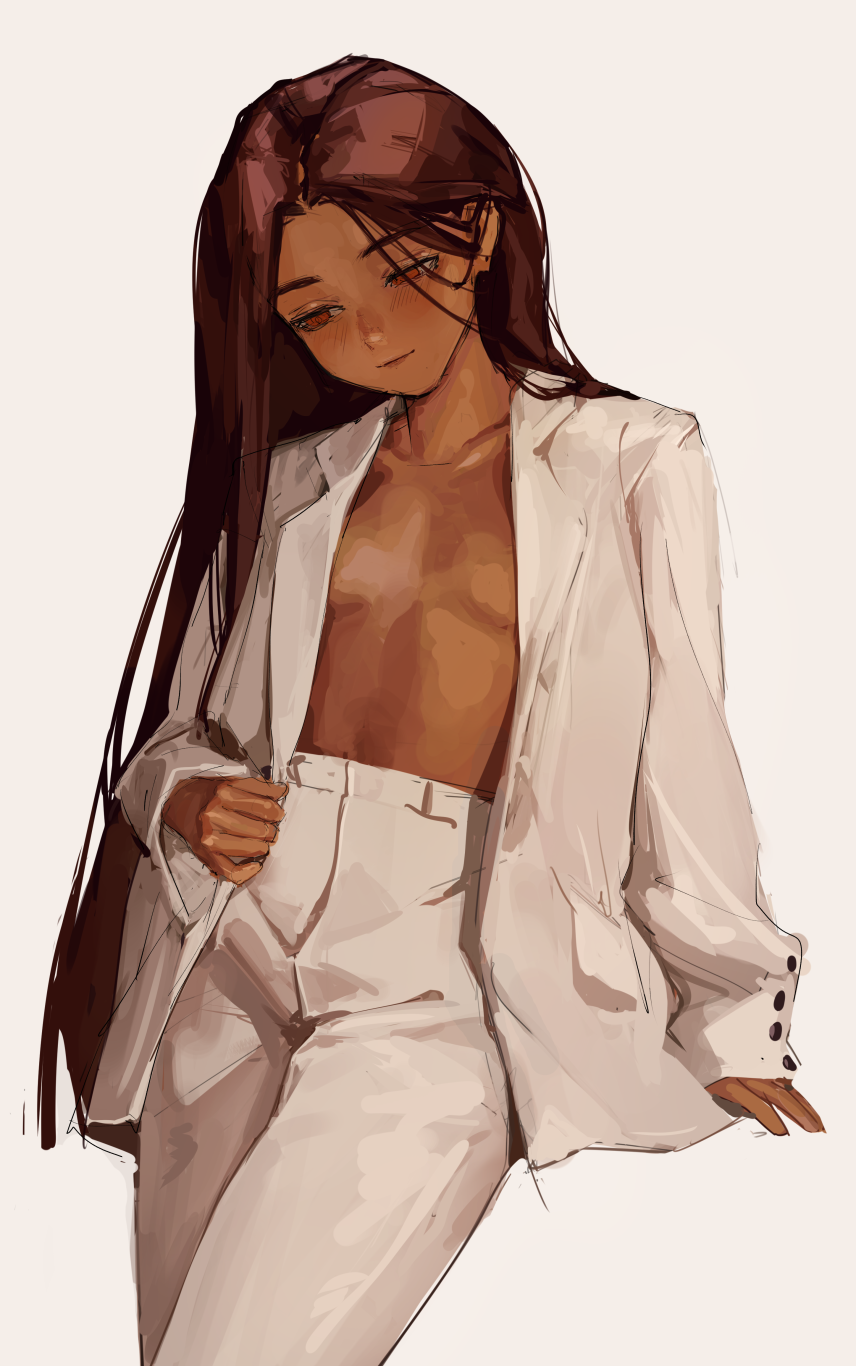 1girl breasts brown_eyes brown_hair demi_(nashidrop) facing_viewer highres jacket long_hair nashidrop no_shirt original pants sketch small_breasts solo suit_jacket white_background white_jacket white_pants