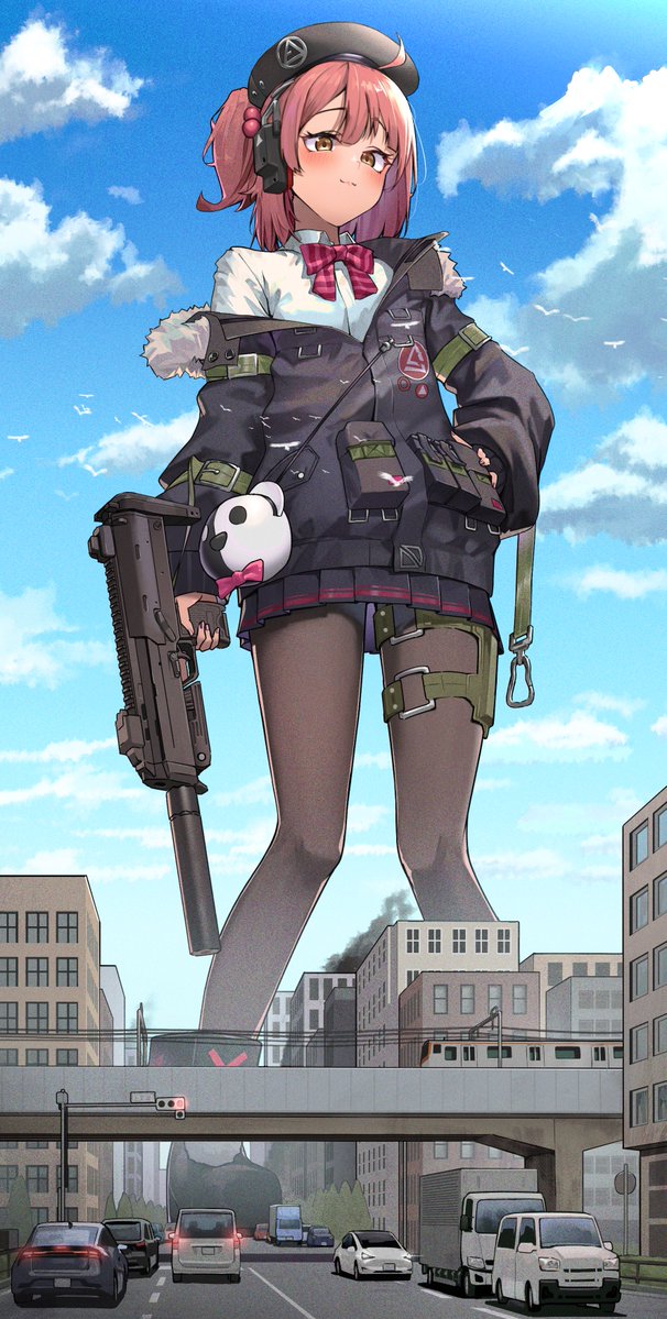 1girl ahoge beret black_headwear black_jacket black_pantyhose black_skirt blue_sky building car city closed_mouth cloud commission fur-trimmed_jacket fur_trim giant giantess girls'_frontline gun h&amp;k_mp7 hanabusaraleigh hat holding holding_gun holding_weapon jacket looking_at_viewer motor_vehicle mp7_(girls'_frontline) outdoors pantyhose pleated_skirt red_hair second-party_source shirt skeb_commission skirt sky solo standing submachine_gun train weapon white_shirt yellow_eyes