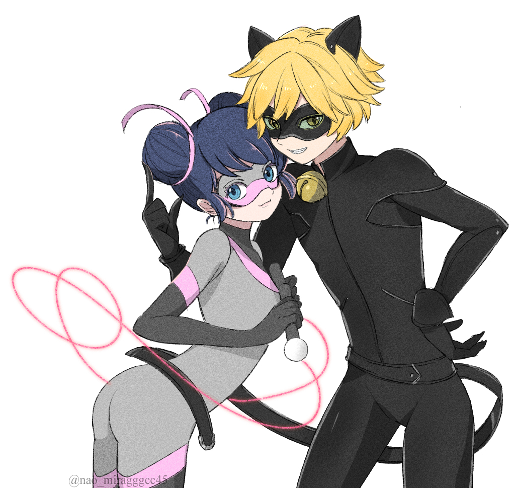 1boy 1girl adrien_agreste animal_ears bell black_bodysuit black_mask blonde_hair blue_eyes blue_hair bodysuit cat_boy cat_ears chat_noir closed_mouth double_bun green_eyes grey_bodysuit grey_mask hair_bun jingle_bell marinette_dupain-cheng mask miraculous_ladybug multimouse_(character) seio_(nao_miragggcc45) simple_background slit_pupils smile superhero_costume white_background