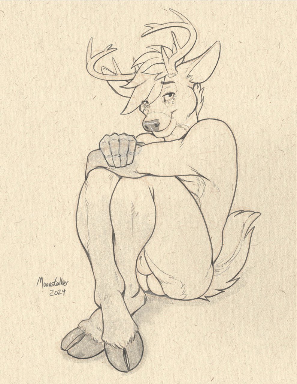 animal_genitalia anthro antlers balls cloven_hooves deer genitals hi_res hooves horn looking_at_viewer male mammal monochrome richard_foley sepia sheath sitting solo