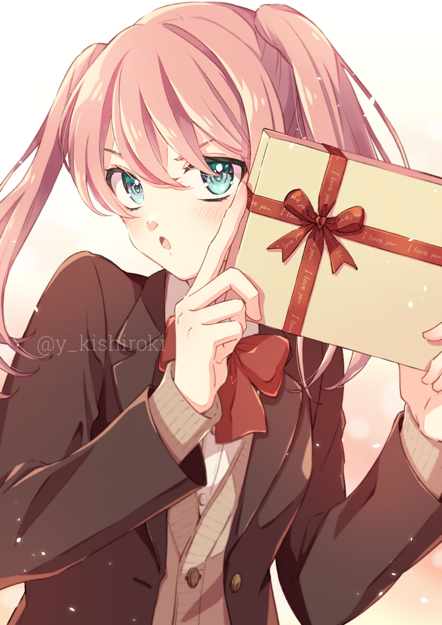 1girl :o aqua_eyes blazer blush bow bowtie box brown_jacket cardigan gift gift_box hair_between_eyes highres holding holding_gift jacket light_particles long_hair long_sleeves looking_at_viewer nagare62 open_mouth original pink_hair red_bow school_uniform shirt solo twintails twitter_username upper_body valentine white_shirt