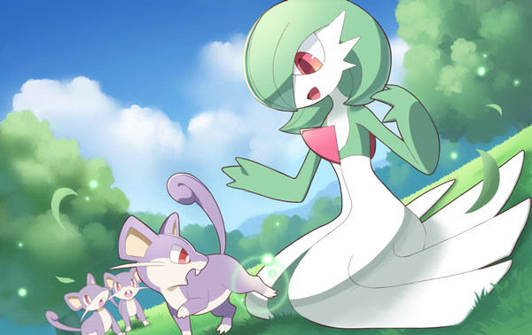 blue_sky bob_cut cloud colored_skin dress gardevoir grass green_hair hair_over_one_eye mouse multicolored_skin on_floor on_grass open_mouth pink_eyes pokemon pokemon_(creature) purple_fur rattata red_eyes sky smile tree two-tone_fur two-tone_skin white_dress white_skin whitexterior