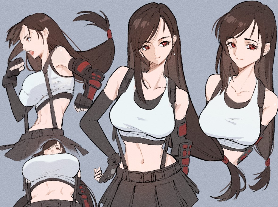 1girl bare_shoulders black_hair black_skirt breasts crop_top elbow_gloves final_fantasy final_fantasy_vii final_fantasy_vii_rebirth final_fantasy_vii_remake fingerless_gloves gloves large_breasts long_hair looking_at_viewer low-tied_long_hair navel ota_(ota-0000) red_eyes skirt smile tank_top tifa_lockhart upper_body