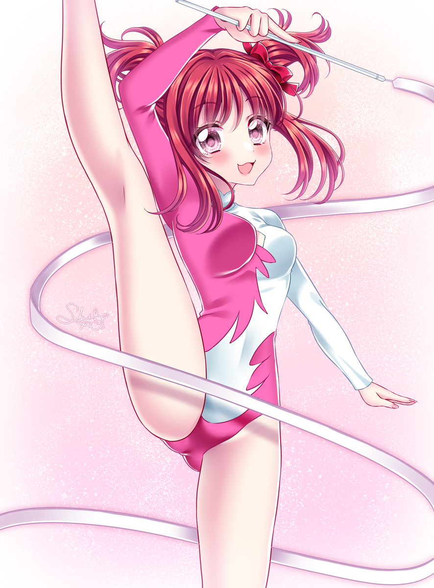 :3 athletic_leotard breasts commission cowboy_shot gymnastics gymnastics_ribbon highres leotard medium_breasts momomiya_ichigo pixiv_commission red_eyes red_hair rhythmic_gymnastics shirato_sayuri smile split standing standing_on_one_leg standing_split tokyo_mew_mew twintails two-tone_leotard