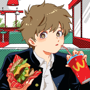 1boy blush brown_eyes brown_hair burger cola fast_food food gakuran ganbare!_nakamura-kun!! hirose_aiki holding looking_at_viewer lowres male_focus parted_lips pixel_art retro_artstyle school_uniform shundei_(enig) sitting