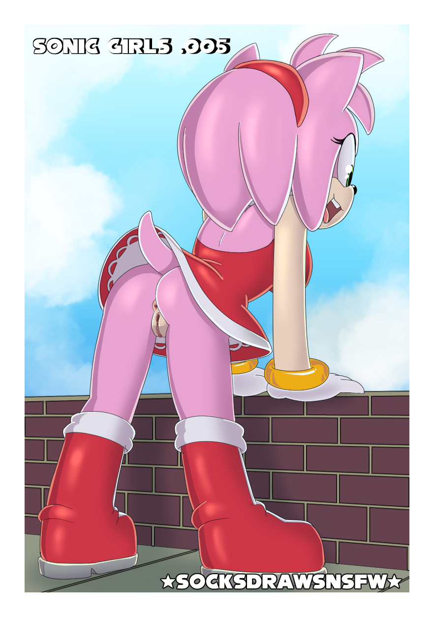 2023 5_fingers amy_rose anthro anus biped boots bottomless bottomless_anthro bottomless_female clitoris clothed clothing detailed_background dress english_text eulipotyphlan female fingers footwear full-length_portrait genitals gloves green_eyes handwear hedgehog hi_res mammal open_mouth portrait pussy sega socksdrawssocs solo sonic_the_hedgehog_(series) standing tail text