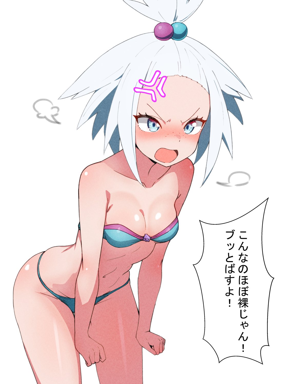 1girl anger_vein bent_over bikini blue_bikini blue_eyes blush breasts cleavage forehead freckles hair_bobbles hair_ornament highres kamidan looking_at_viewer navel open_mouth pokemon pokemon_bw2 roxie_(pokemon) shiny_skin short_hair simple_background skindentation small_breasts solo standing swimsuit topknot translation_request white_background white_hair