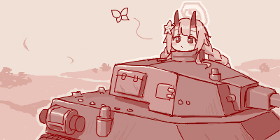 1girl blue_archive blush braid bug butterfly chise_(blue_archive) closed_mouth day flower hair_flower hair_ornament halo hill horns long_hair looking_at_animal low_twin_braids lowres maibotsumou military_vehicle monochrome motor_vehicle oekaki outdoors red_theme riding solo tank twin_braids wide_shot