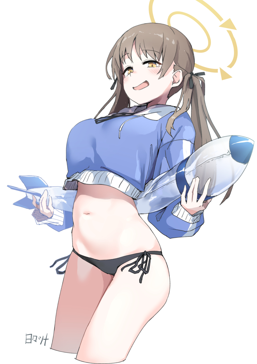 1girl \||/ artist_name bikini black_bikini_bottom blue_archive blue_jacket blush brown_hair cropped_jacket cropped_legs halo hibi_tsuna highres inflatable_toy jacket long_sleeves moe_(blue_archive) moe_(swimsuit)_(blue_archive) navel no_eyewear official_alternate_costume open_mouth side-tie_bikini_bottom simple_background solo stomach swimsuit thighs twintails white_background yellow_eyes