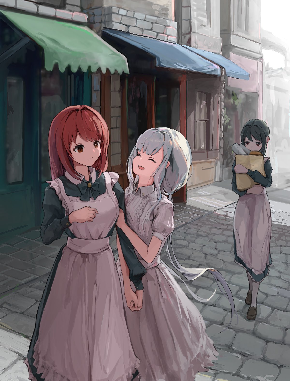 3girls 4xp3u apron arm_hug awning bag bow bowtie brick_road building closed_eyes collared_dress dress green_bow green_bowtie green_dress green_hair highres holding holding_bag holding_hands loafers long_hair long_sleeves low_twintails maid maid_apron multiple_girls open_mouth original paper_bag puffy_short_sleeves puffy_sleeves red_hair road shoes short_sleeves smile storefront twintails walking white_apron white_dress
