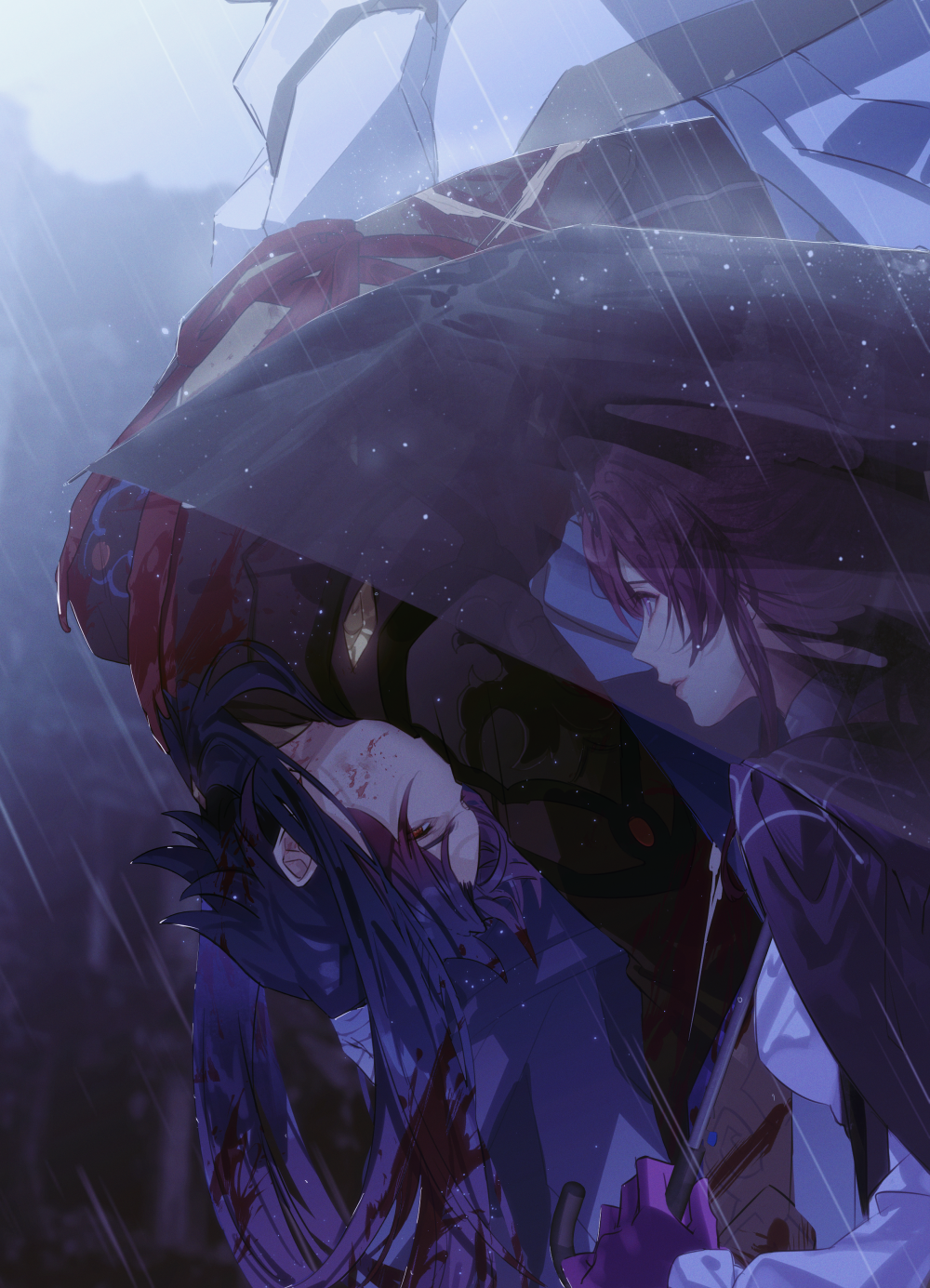 1boy 1girl 1other armor bandaged_hand bandages blade_(honkai:_star_rail) blood blood_in_hair blood_on_face blue_hair carrying carrying_under_arm chinese_clothes dutch_angle gloves highres holding holding_umbrella honkai:_star_rail honkai_(series) jacket jacket_on_shoulders kafka_(honkai:_star_rail) lipstick long_sleeves makeup outdoors parted_bangs parted_lips purple_eyes purple_gloves purple_hair rain red_eyes sam_(honkai:_star_rail) shirt sidelocks transparent transparent_umbrella umbrella white_shirt zassyoku_dd