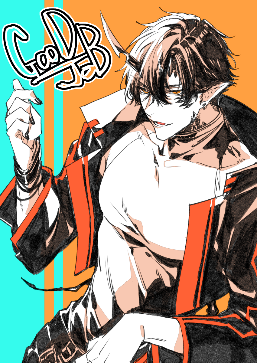 1boy arknights belt black_hair black_jacket black_nails ear_piercing finger_heart flamebringer_(arknights) hand_up highres horns jacket looking_at_viewer male_focus open_clothes open_jacket orange_eyes orange_theme piercing pointy_ears sleeveless solo toriyoshi