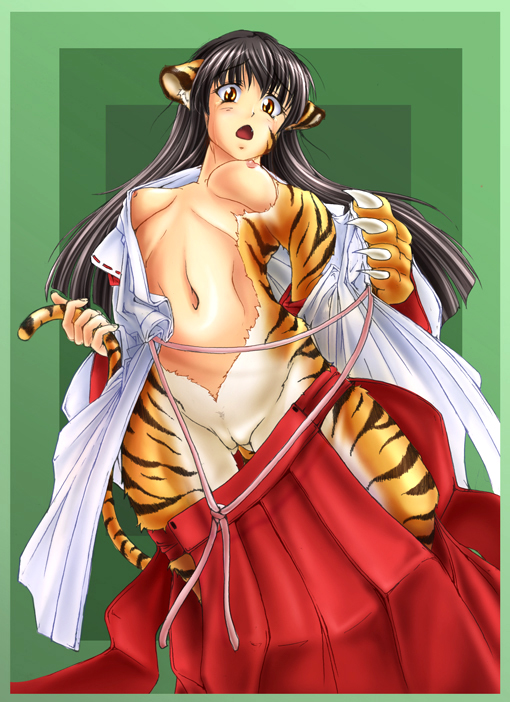 2010 anonymous_artist asian_clothing breasts claws clothing digital_media_(artwork) east_asian_clothing felid female fur genitals green_background hair hand_on_tail human human_to_anthro japanese_clothing long_hair mammal miko_outfit navel nipples open_mouth pantherine pussy simple_background solo species_transformation striped_body striped_fur stripes surprise tail tiger transformation