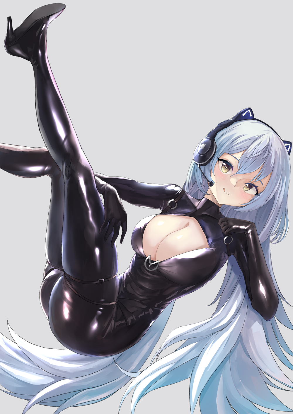 1girl animal_ear_headphones animal_ears arkhangelsk_(azur_lane) arkhangelsk_(grandiose_getaway)_(azur_lane) azur_lane blue_hair bodysuit breasts cat_ear_headphones cleavage_cutout clothing_cutout fake_animal_ears grey_background headphones highres large_breasts latex latex_bodysuit licking_lips long_hair mg42cat-k1ng official_alternate_costume simple_background skindentation solo tongue tongue_out very_long_hair yellow_eyes