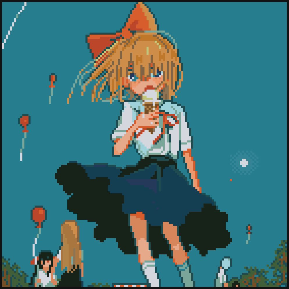 2others 3girls balloon black_border blonde_hair blue_background blue_eyes blue_skirt blue_sky border bow daikon_no_mure day eating feet_out_of_frame hair_bow holding holding_ice_cream_cone ice_cream_cone looking_at_viewer medium_hair multiple_girls multiple_others neck_ribbon original outdoors pixel_art puffy_short_sleeves puffy_sleeves red_bow red_ribbon ribbon shirt short_sleeves skirt sky socks solo_focus standing sun white_shirt white_socks