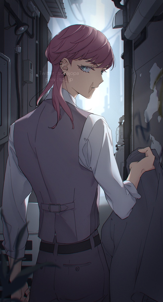 1boy alley ear_piercing from_behind green_eyes highres holding holding_clothes holding_jacket hua_(supa_jopa) jacket looking_at_viewer looking_back male_focus piercing pink_hair sanzu_haruchiyo scar scar_on_face suit tokyo_revengers vest wolf_cut