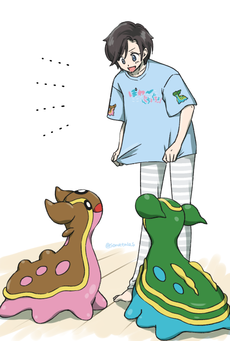 1girl :d barefoot blue_shirt character_print commentary_request gastrodon gastrodon_(east) gastrodon_(west) grey_pants looking_down open_mouth pants pokemon pokemon_(creature) shirt short_hair short_sleeves smile sonetales standing striped_clothes striped_pants t-shirt