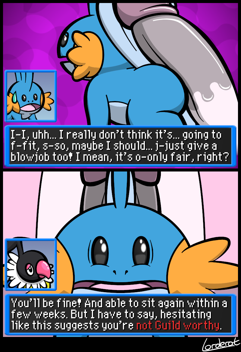 2020 2_panel_comic ambiguous_gender anthro big_penis black_border black_eyes blue_body blue_butt blue_skin bodily_fluids border butt chatot chatot_(eotds) circumcised dialogue duo english_text erection exclamation_point fin front_view frown fur generation_1_pokemon generation_3_pokemon generation_4_pokemon genitals glans guildmaster_wigglytuff head_fin hesitant huge_penis humanoid_genitalia humanoid_penis imminent_anal imminent_sex lorderat male male/male male_(lore) mudkip nintendo nude open_mouth penis pink_body pink_fur pink_glans pink_penis pokemon pokemon_(species) pokemon_mystery_dungeon purple_background question_mark sequence shocked side_view simple_background spike_chunsoft stuttering surprise sweat sweatdrop text text_box tongue unsure wigglytuff