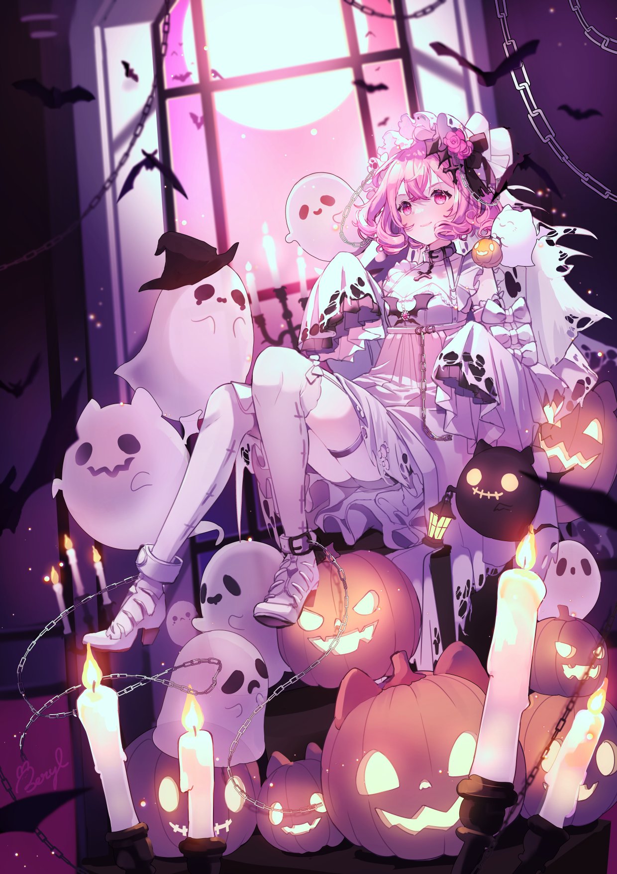 beryl_(blueberylpie) candle ghost halloween highres indie_utaite jack-o'-lantern nqrse official_art pink_eyes pink_hair second-party_source sheet_ghost smile