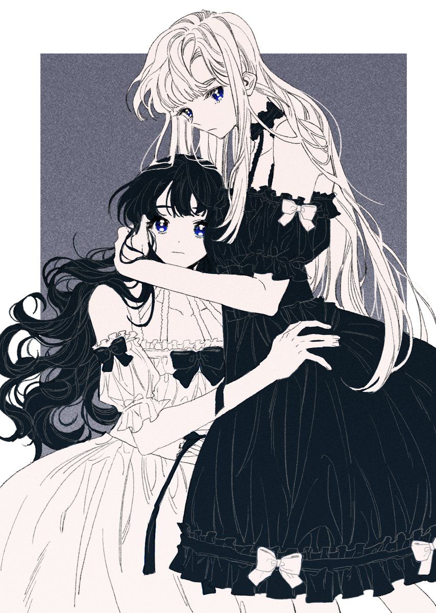 2girls bad_id bad_twitter_id bare_shoulders black_bow black_dress black_hair blue_eyes border bow choker closed_mouth collarbone detached_sleeves dress dress_bow expressionless frilled_dress frills greyscale_with_colored_background highres hug jocobong long_hair looking_at_viewer monochrome multiple_girls off-shoulder_dress off_shoulder original outside_border puffy_short_sleeves puffy_sleeves purple_eyes short_sleeves spot_color very_long_hair wavy_hair white_border white_bow white_dress white_hair yuri