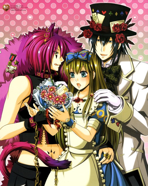 2boys alice_liddell animal_ears apron artist_request black_hair blood_dupre blue_eyes blush boris_airay bouquet bow bowtie brown_hair buttons cat_ears chain collar dress ear_piercing earrings feather_boa flower gloves hair_bow hat heart_no_kuni_no_alice jewelry long_hair long_sleeves multiple_boys official_art piercing pink_hair ring rose short_hair surprised tail tongue wristband yellow_eyes