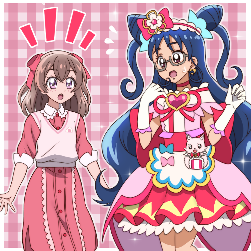 :o apron back_bow blue_bow blue_hair bow brooch brown_eyes brown_hair cone_hair_bun cosplay cowboy_shot cure_precious cure_precious_(cosplay) curly_sidelocks delicious_party_precure double_bun dress earrings elbow_gloves flower flying_sweatdrops glasses gloves go!_princess_precure grey-framed_eyewear hair_bow hair_bun hair_flower hair_ornament hairband heart heart_brooch heart_earrings jewelry kome-kome_(precure) large_bow legs_together long_hair looking_at_another magical_girl medium_hair nagomi_yui name_connection nanase_yui onomekaman open_mouth pink_background pink_bow pink_dress pink_hairband pink_skirt plaid plaid_background precure purple_eyes skirt sparkle standing surprised sweatdrop two_side_up white_apron white_gloves