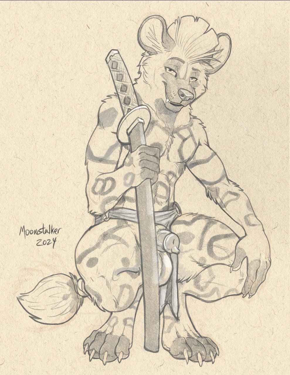 animal_genitalia animal_penis balls bedroom_eyes bottomwear bottomwear_aside canine_genitalia canine_penis clothing clothing_aside crouching genitals hi_res hyena katana loincloth loincloth_aside mammal melee_weapon narrowed_eyes penis richard_foley seductive solo sword weapon