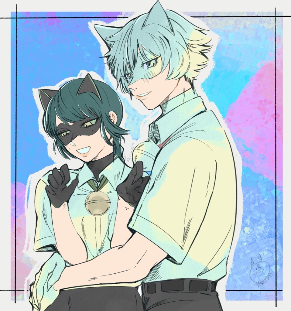 1boy 1girl 40sioc adrien_agreste animal_ears bell black_gloves black_hair black_mask black_pants blue_background blush braid cat_boy cat_ears cat_girl chat_blanc gloves green_eyes hug jingle_bell lady_noir long_hair marinette_dupain-cheng mask miraculous_ladybug pants paw_pose shirt slit_pupils smile upper_body white_gloves white_hair white_mask white_shirt