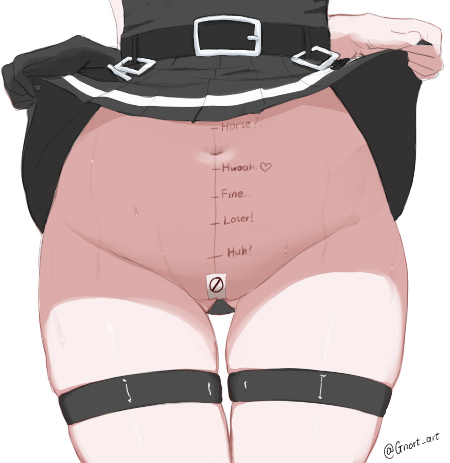 1girl artist_name ass_visible_through_thighs belt black_dress black_gloves clothes_lift commentary crotch_focus dress dress_lift english_commentary english_text gloves gnort length_markings navel no_panties penis_measuring pleated_dress single_glove solo sousou_no_frieren stomach sweat tape tape_on_pussy thigh_strap thighs ubel_(sousou_no_frieren)