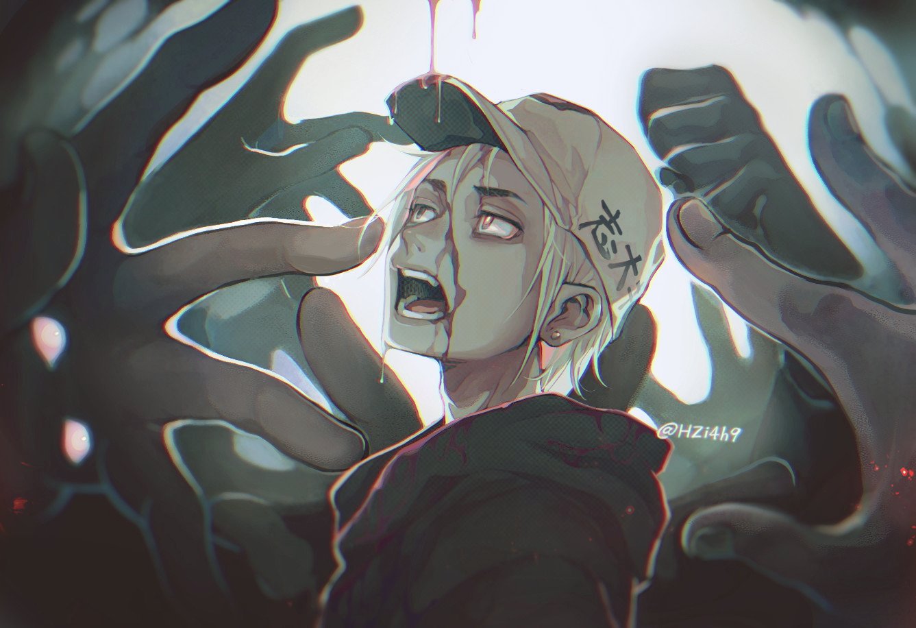 1boy baseball_cap blonde_hair blood blood_drip blood_on_face body_horror choujin_x deformed hat hood hoodie hzi4h9 monster open_mouth red_eyes shiozaki_tezuya_(choujin_x) signature surrounded surrounded_by_hands twitter_username white_background