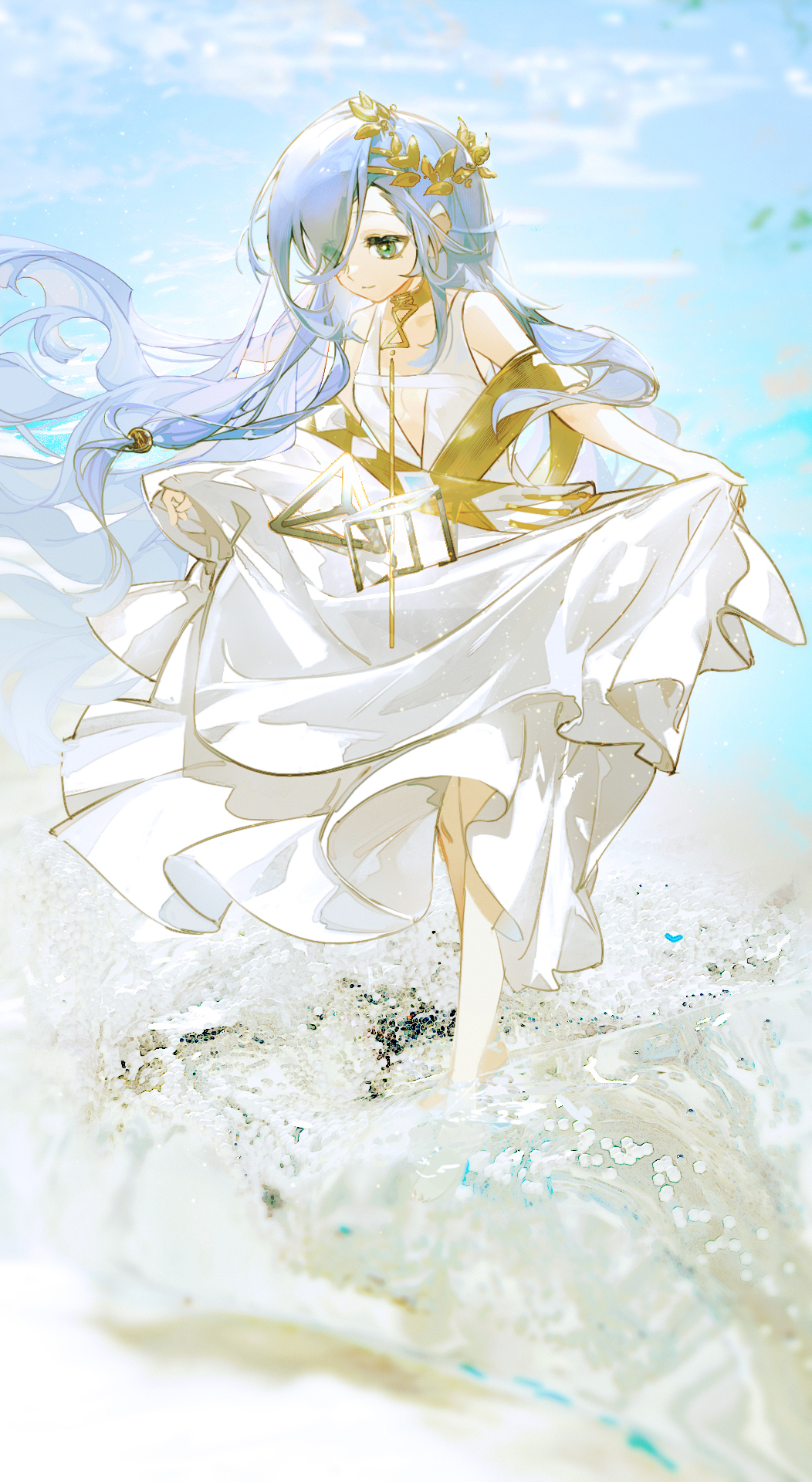 1girl 37_(reverse:1999) ancient_greek_clothes bare_shoulders blue_eyes blue_hair blurry blurry_background cube eyes_visible_through_hair floating_hair full_body gold_choker greco-roman_clothes hair_over_one_eye highres laurel_crown long_hair looking_down lumos ocean reverse:1999 skirt_hold smile solo tetrahedron toga very_long_hair wading water